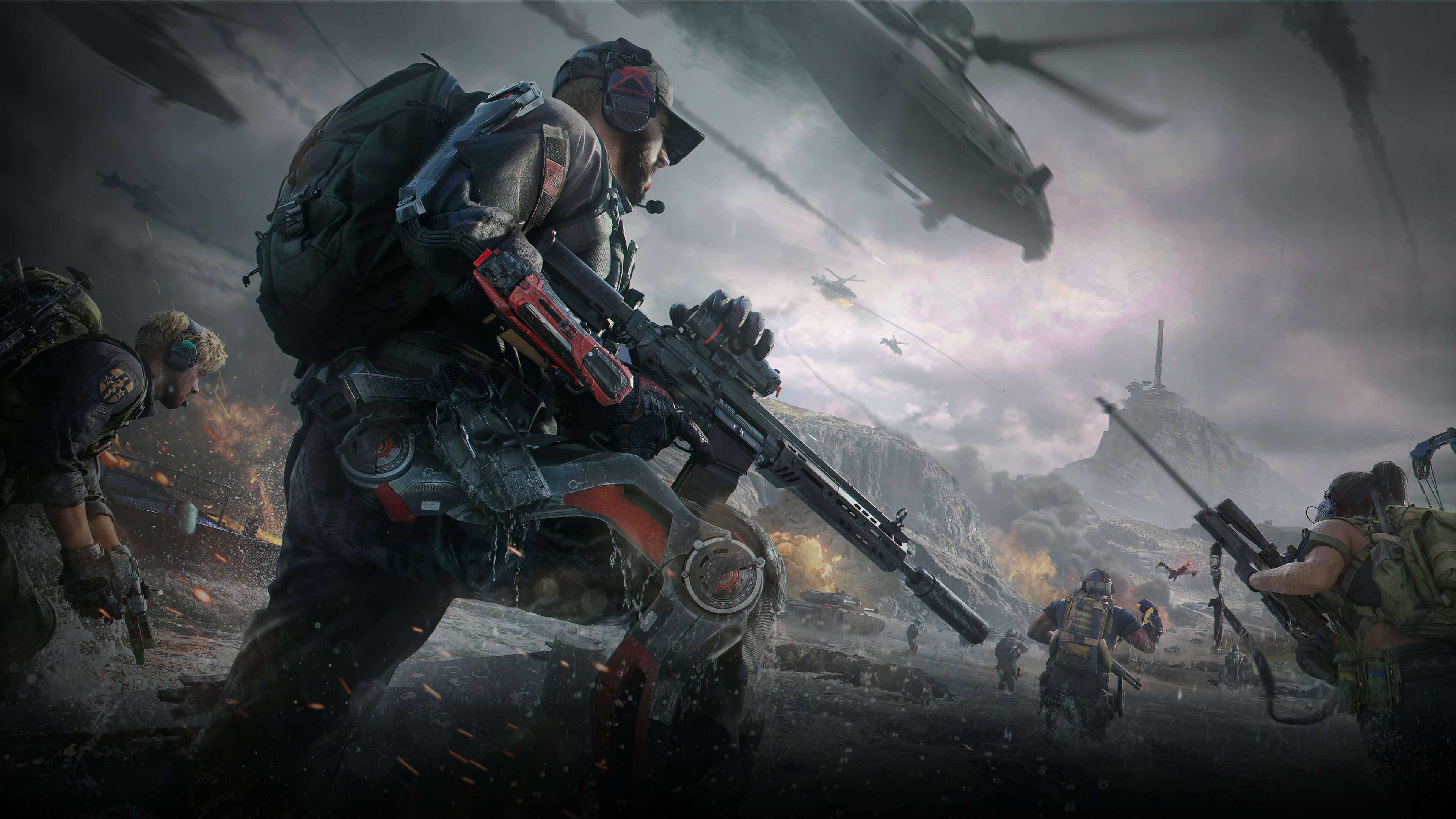 Официальный игровой арт Delta Force с бойцом и вертолетами на поле боя