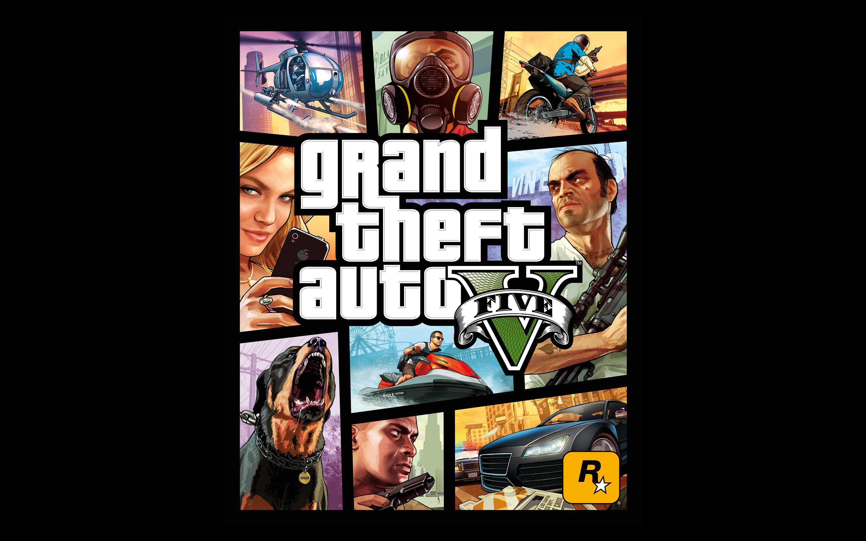 Официальный арт Grand Theft Auto V с логотипом игры и персонажами
