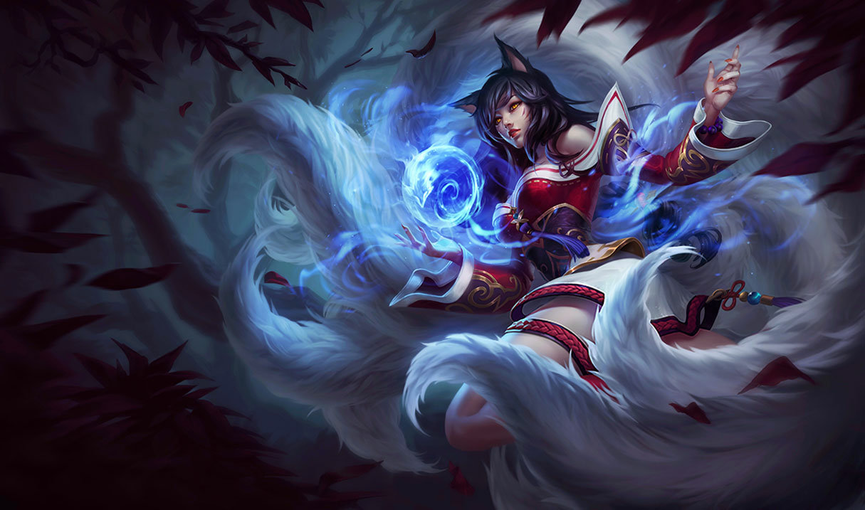 Ahri from League of Legends surrounded by blue spirit magic