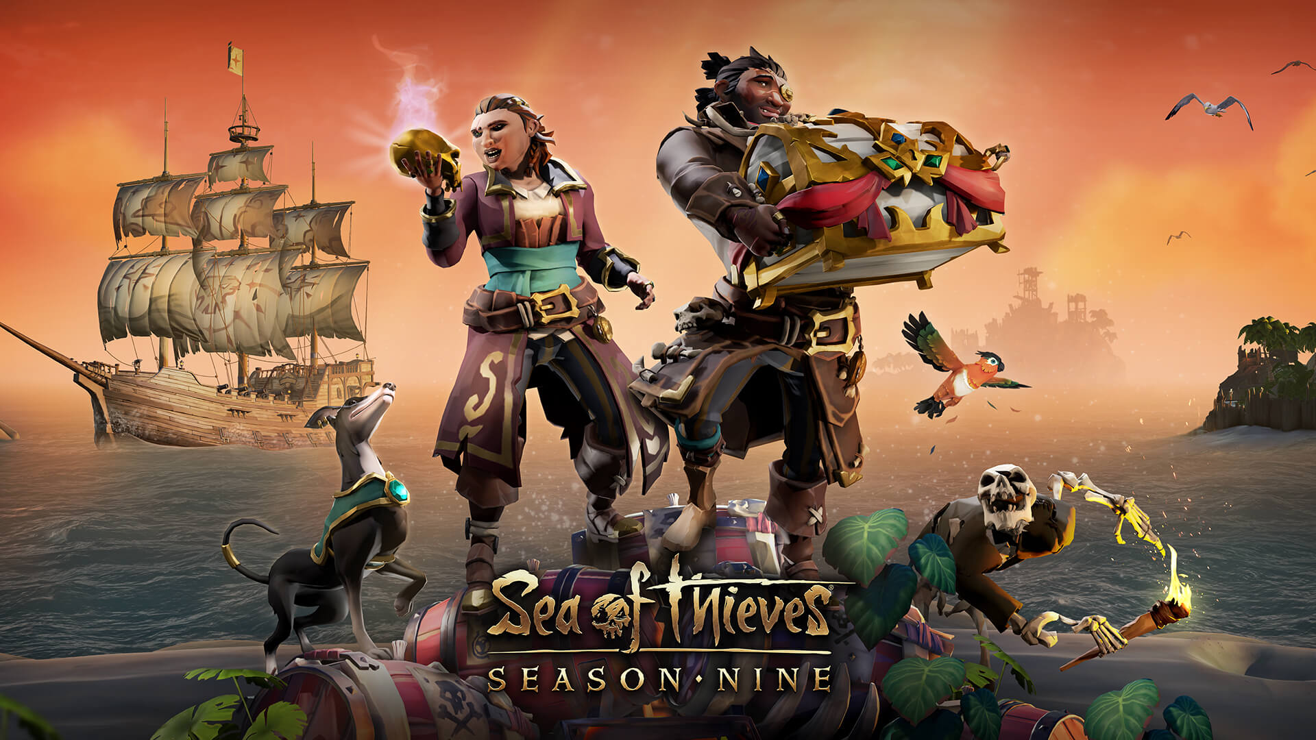 Официальный брендированный арт Sea of Thieves с пиратами, кораблем и морским побережьем